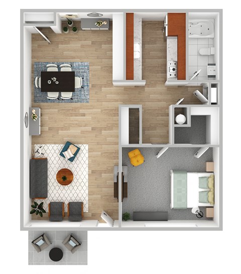 Floor plan for 1 bed, 1 bath, 750 sqft